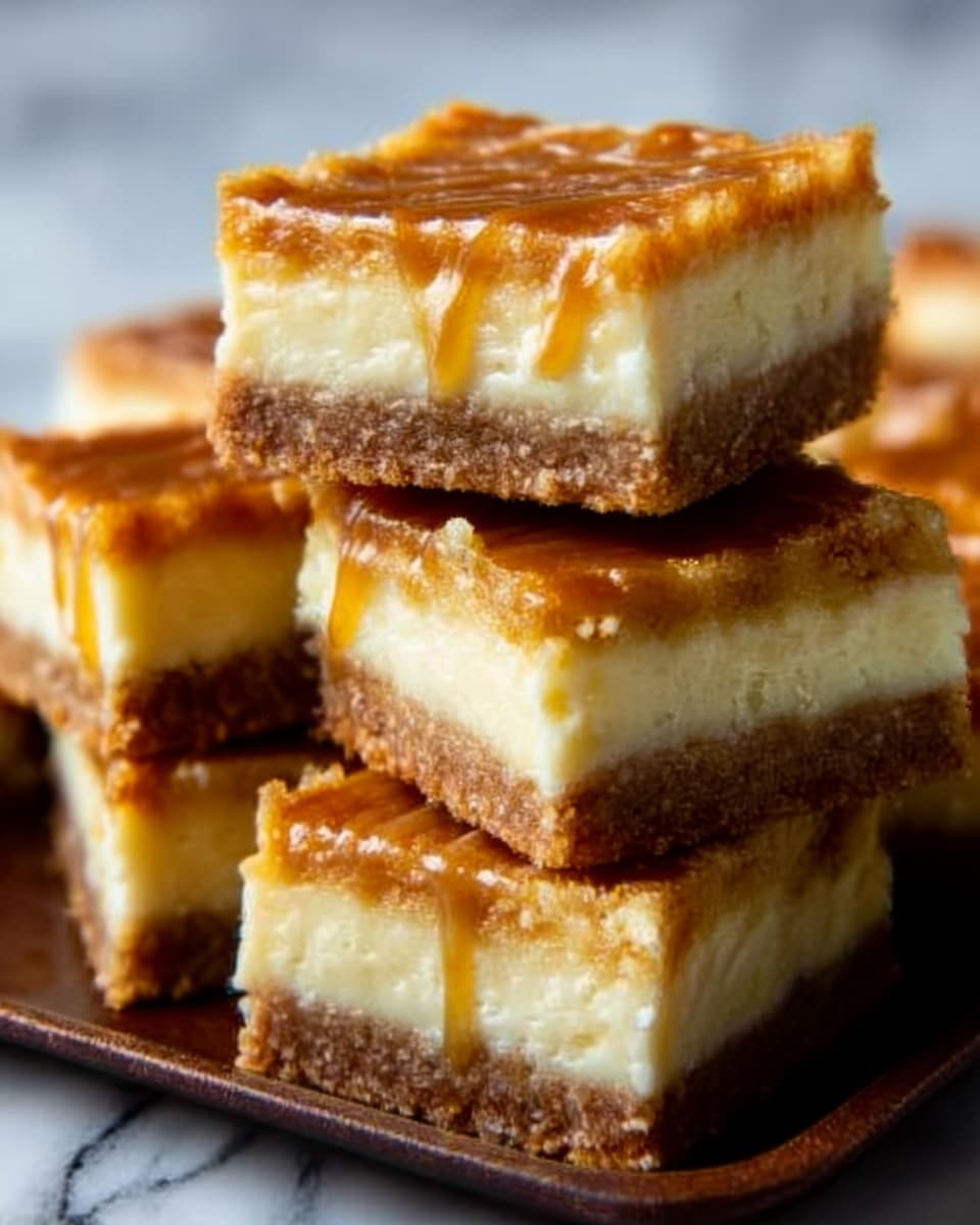 The image shows several square pieces of dessert stacked on a white marbled surface. Each piece has three distinct layers: a crumbly light brown base at the bottom, a thick creamy yellow layer in the middle, and a thin golden caramel drizzle on top. The texture of the middle layer looks smooth and soft, while the base appears crumbly. The caramel topping shines slightly with a sticky look, creating an inviting contrast with the creamy layer. Photo taken with an iphone --ar 4:5 --v 7