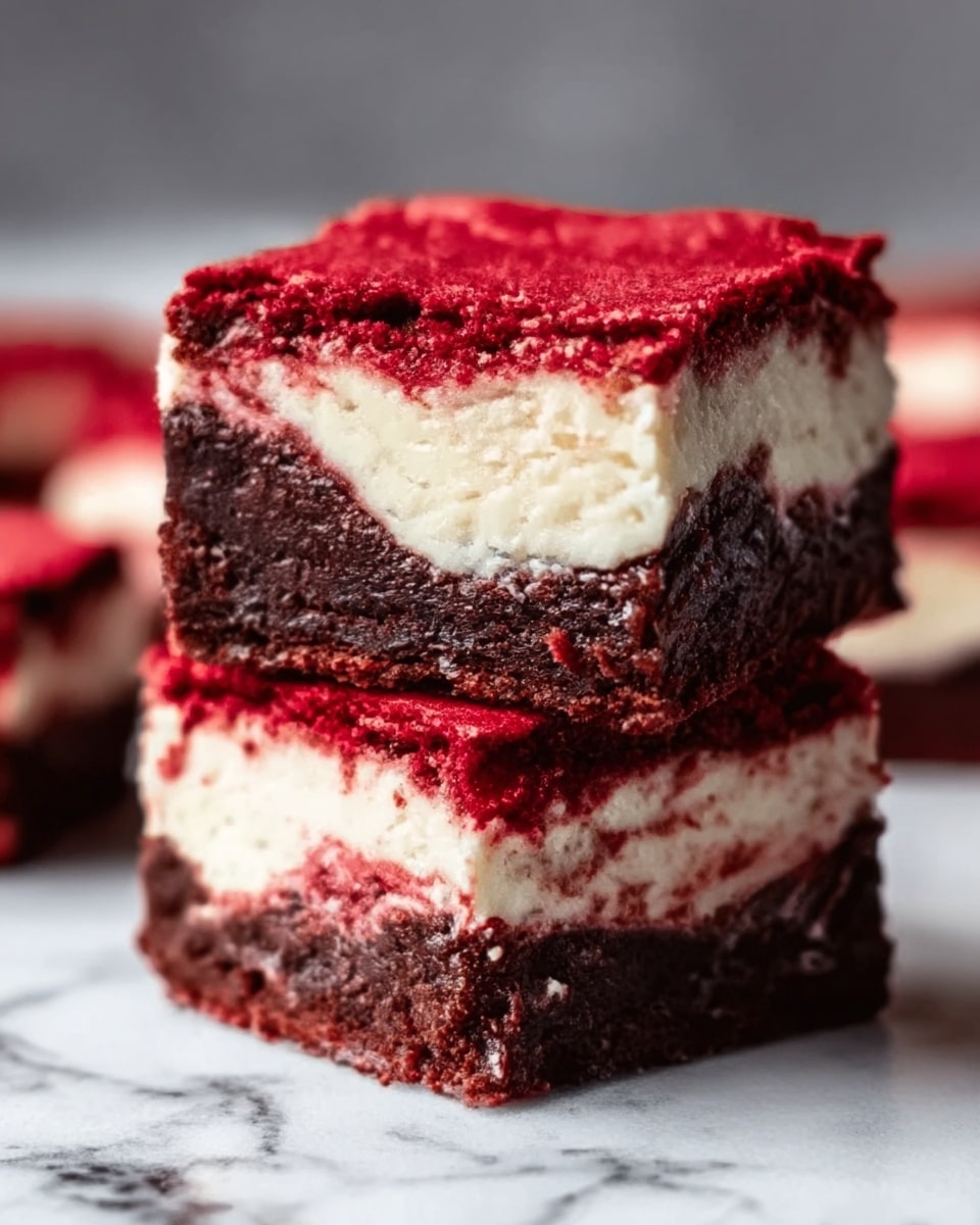 The image shows two square pieces of red velvet cheesecake brownies stacked on a white marble surface. Each piece has three layers: the bottom layer is a deep red, dense brownie with a slightly rough texture, the middle layer is a creamy white cheesecake filling with a smooth texture, and the top layer is a marbled mix of the red brownie batter and white cheesecake, creating swirls of red and white. The edges are clean but slightly crumbly, revealing the contrast between the dense brownie and creamy cheesecake. photo taken with an iphone --ar 4:5 --v 7