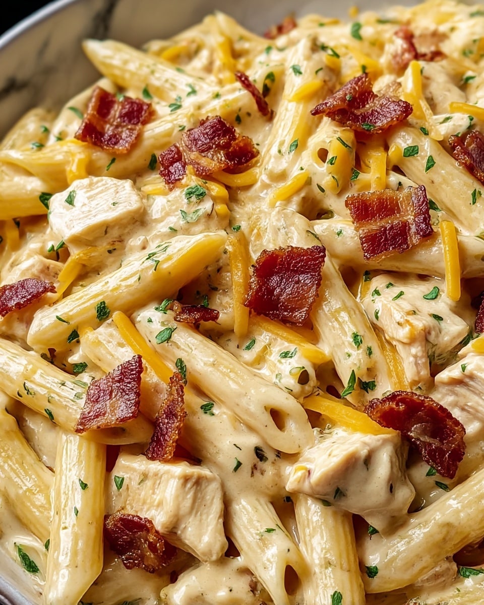 A close-up view of creamy penne pasta layered with pieces of cooked chicken that are light brown with a soft texture, mixed with a thick, white creamy sauce. Bright yellow melted cheddar cheese is draped over the dish, adding a rich color, while small crispy strips of reddish-brown bacon are scattered on top. Fresh green parsley bits are sprinkled over everything, giving a fresh color contrast. The entire dish rests on a white marbled surface. photo taken with an iphone --ar 4:5 --v 7