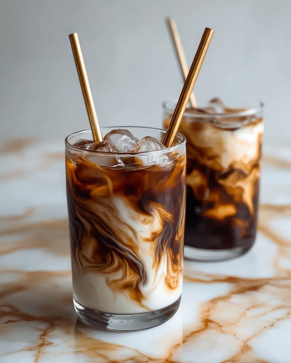 Two clear glasses filled with a drink that has a creamy white base with thick dark brown swirls mixed throughout, creating a marbled pattern inside each glass. Each glass contains irregularly shaped ice cubes, adding a frosty look on top. Sticking out of each glass is a golden metal straw, placed slightly off-center. The glasses are placed on a white marbled surface with light brown veins visible in the stone. photo taken with an iphone --ar 4:5 --v 7