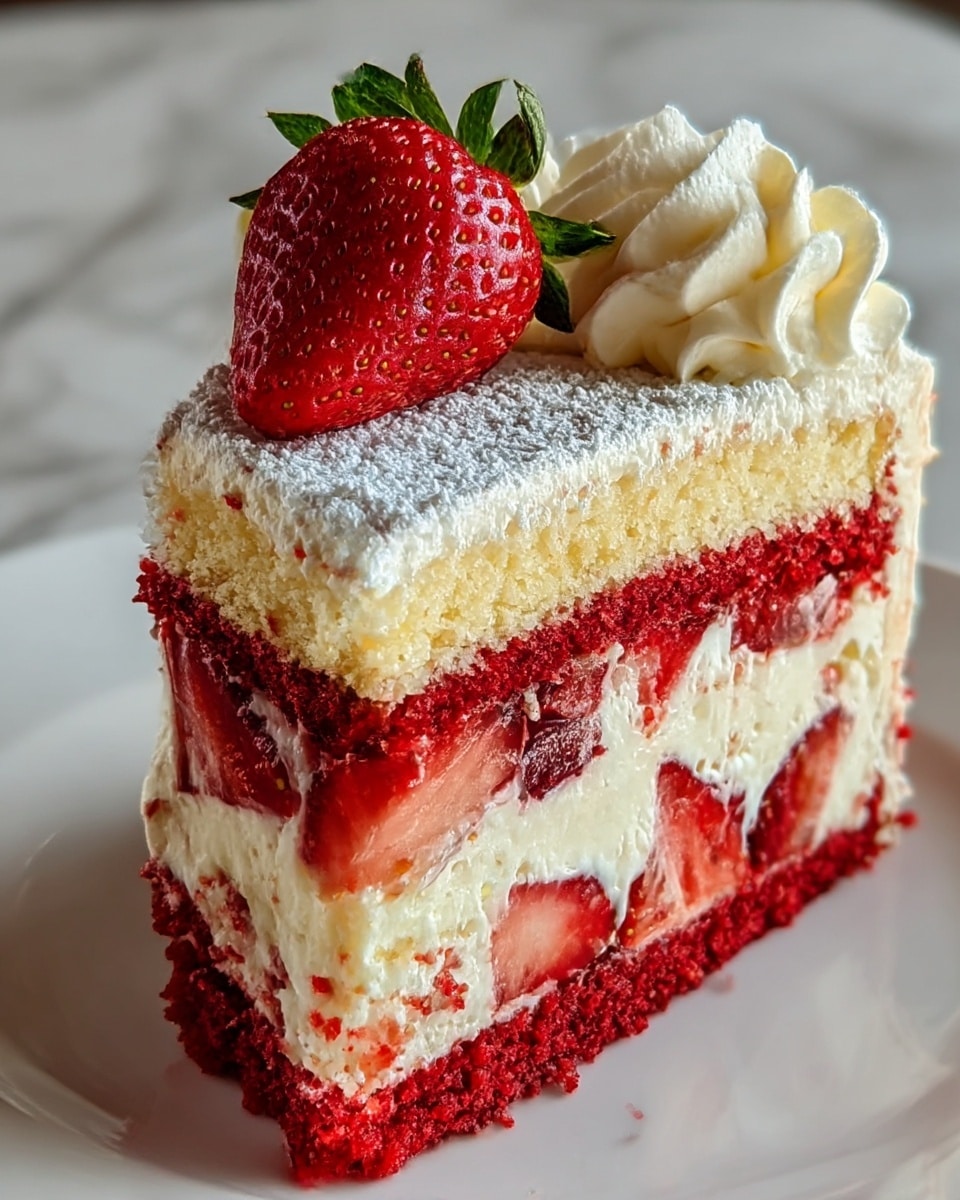 A slice of layered cake with four visible layers starts with a deep red, moist bottom sponge, followed by a thick white creamy layer with pieces of red strawberries inside, then a top yellow sponge layer with red patches, and finally another thin white creamy layer. The cake is topped with a fresh whole red strawberry with green leaves and a small swirl of white cream on one side. The surface of the cake is lightly dusted with powdered sugar. It is placed on a white plate against a white marbled textured background. photo taken with an iphone --ar 4:5 --v 7