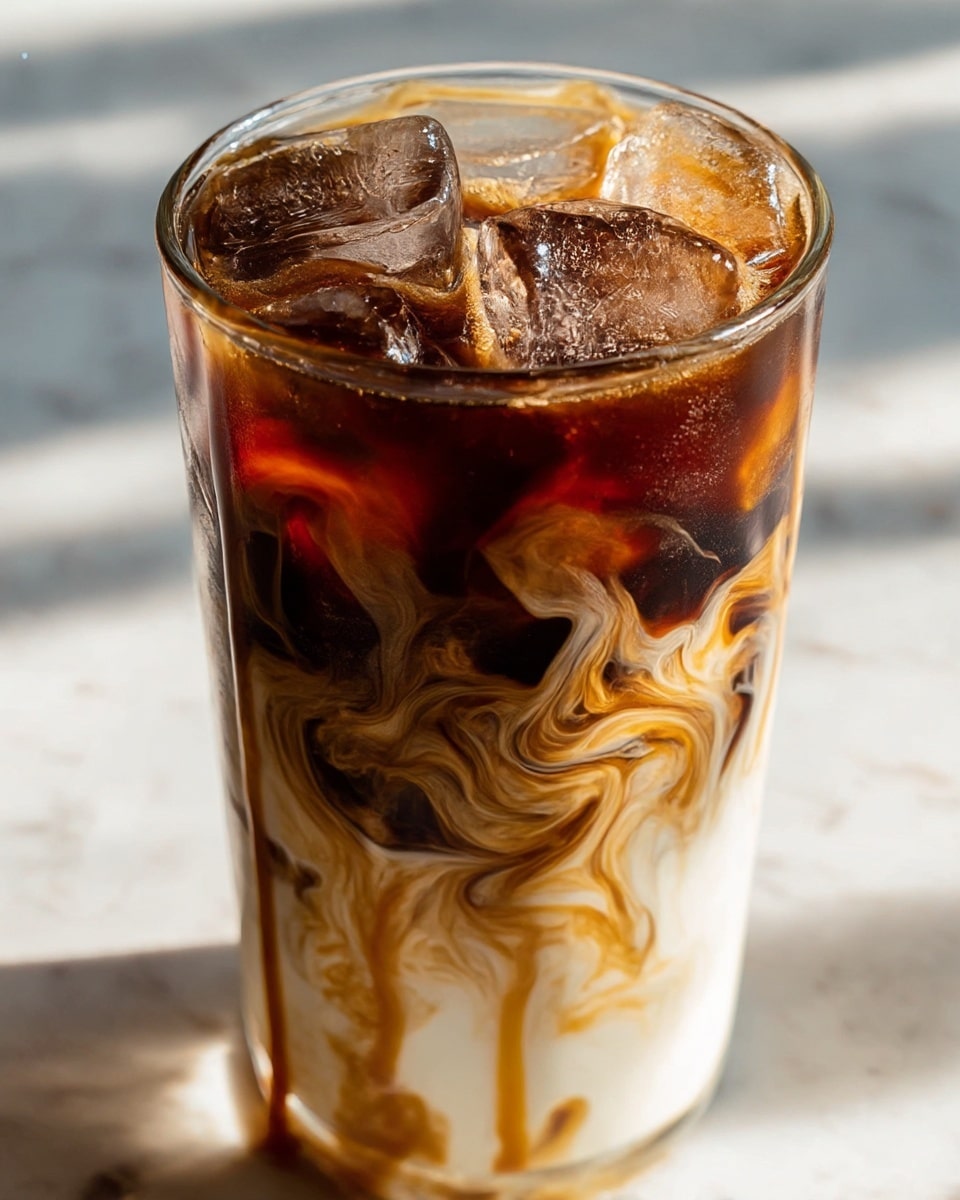 A tall clear glass filled with a dark brown soda and large ice cubes on top creates a bubbly texture near the surface. Inside the glass, white cream is mixing in from the bottom, swirling and blending with the dark soda in a marbled pattern of creamy beige and deep brown. Some caramel-colored liquid drips slowly down the side of the glass, adding a glossy detail. The glass sits on a white marbled surface with soft light reflecting through the ice and bubbles, enhancing the rich and cold look of the drink. photo taken with an iphone --ar 4:5 --v 7