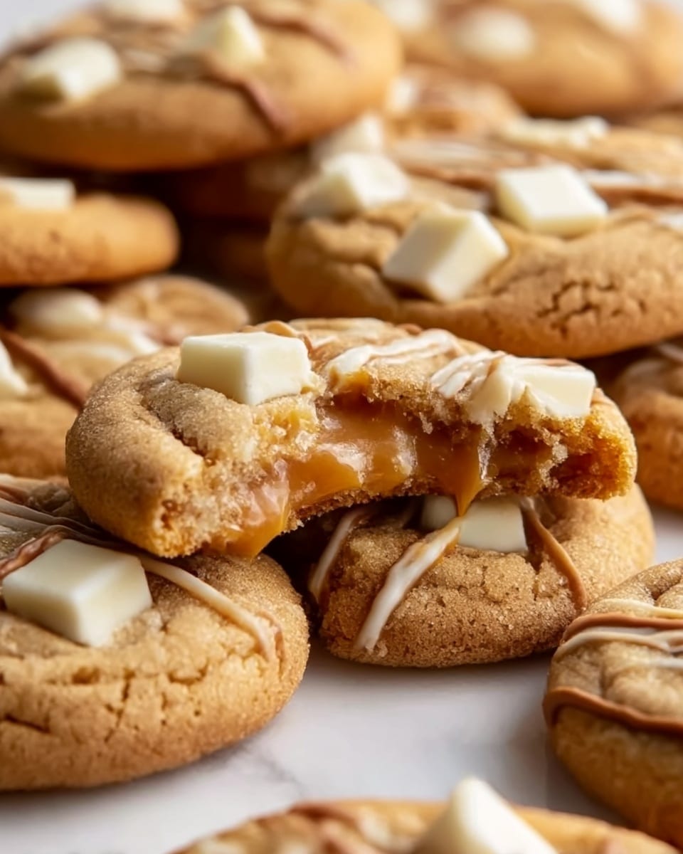 The image shows several round cookies with a golden-brown color and a soft texture. Each cookie has a gooey caramel center that is slightly oozing out, surrounded by a chewy dough layer. On top, there are small white square chunks and light brown nut pieces scattered. A thin drizzle of milk chocolate is spread across the cookies in a zigzag pattern. The cookies rest on a white marbled surface, with one cookie slightly broken to reveal the caramel inside. photo taken with an iphone --ar 4:5 --v 7