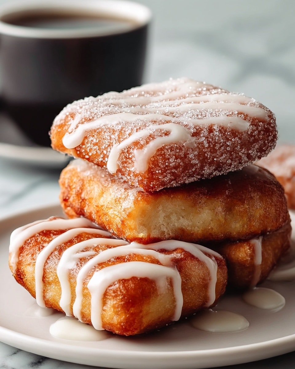 The image shows several square-shaped fried dough pieces stacked on a white plate. Each piece has a golden-brown outer layer with a slightly crispy texture and a soft, pale yellow inside. Some pieces are covered in sugar crystals, while others are drizzled with white icing on top, creating a shiny, smooth layer. In the background, there is a white cup filled with black coffee placed on a white marbled surface. photo taken with an iphone --ar 4:5 --v 7
