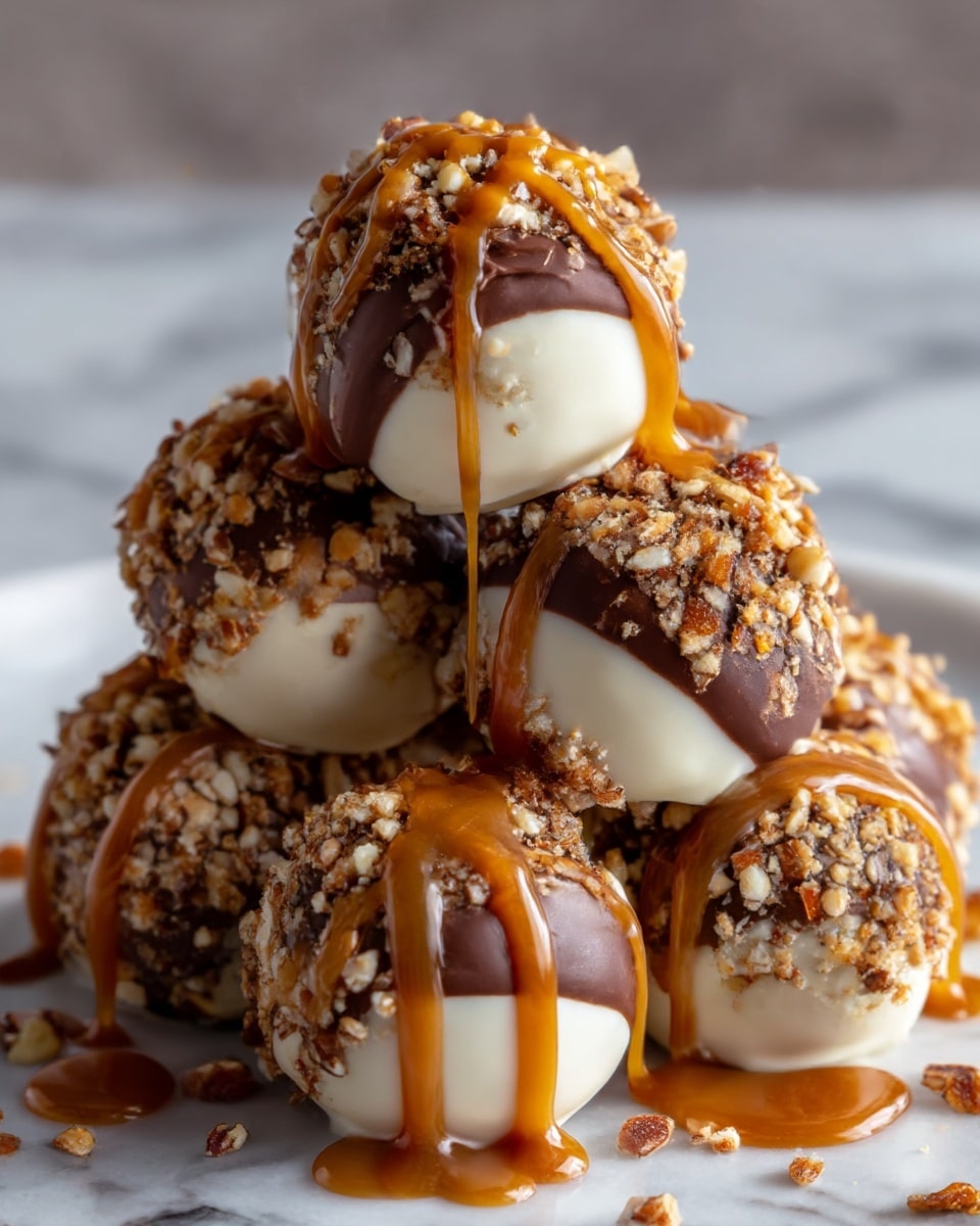 A close-up image of five round dessert balls arranged on a white marbled surface. Each ball has layers: the bottom half is coated in smooth white chocolate, and the top half is covered in dark chocolate sprinkled with crushed nuts. A drizzle of caramel sauce is generously poured over each ball and around them on the surface. The colors create a warm contrast between the white chocolate, dark chocolate, golden caramel, and light brown nuts. Photo taken with an iphone --ar 4:5 --v 7