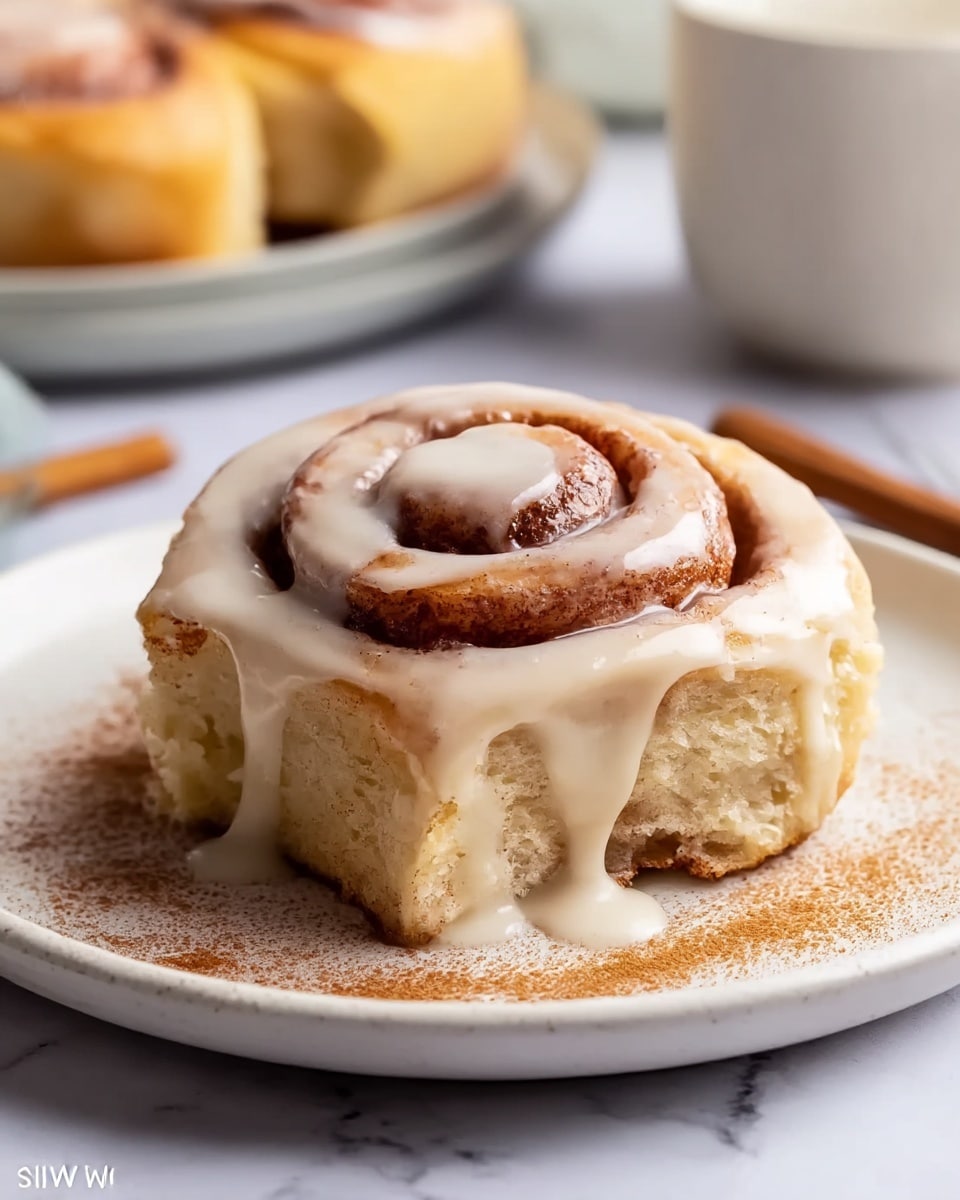 A close-up view of a cinnamon roll on a white plate, with the roll showing 3 visible layers of soft, light tan dough spiraled with a darker cinnamon brown filling, topped with a thick, creamy white glaze that drips down the sides. The plate has a light dusting of cinnamon powder around the roll, and a white marbled surface underneath. In the background, there is a blurred plate with more cinnamon rolls and a white cup. Photo taken with an iphone --ar 4:5 --v 7