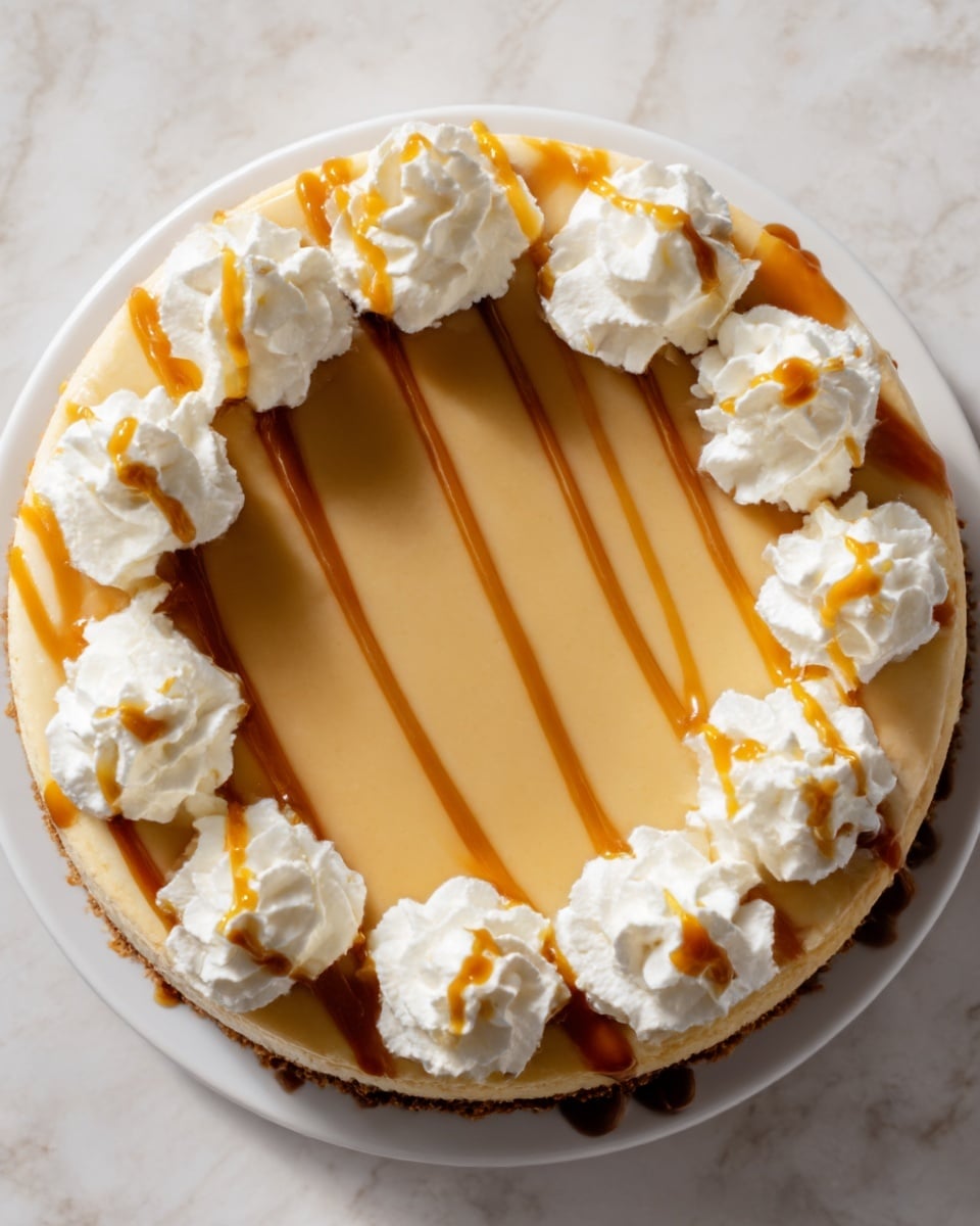 A creamy caramel cheesecake is shown from above on a white plate, placed on a white marbled surface. The cheesecake has a smooth, light brown caramel top layer with thin caramel drizzle lines crossing it. Around the edge, there are ten evenly spaced dollops of white whipped cream with a light texture, each dollop topped with a small caramel drizzle. The crust is visible at the bottom, a light golden-brown color, forming a solid base. photo taken with an iphone --ar 4:5 --v 7