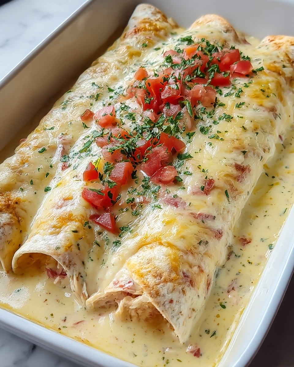 Three rolled enchiladas sit side by side in a white rectangular dish, covered in a thick, creamy sauce with a light yellow color that pools around the edges. The top layer is melted cheese with golden brown spots, adding a slightly bubbly texture. Chopped fresh tomatoes and finely chopped green herbs are sprinkled on top, giving vibrant red and green accents. The filling inside peeks out from one end, showing creamy shredded chicken mixed with bits of red pepper. The dish rests on a white marbled surface. photo taken with an iphone --ar 4:5 --v 7