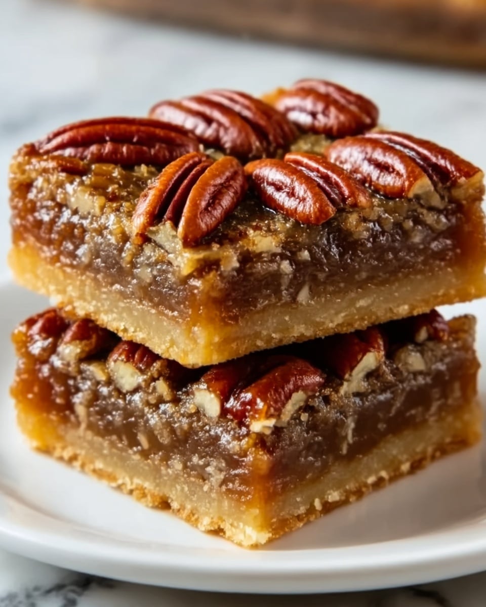The image shows two stacked square pieces of pecan pie bars on a white plate. The bottom layer is a golden-brown crust that looks soft and crumbly. On top of that is a thick, dark caramel-like filling with chopped pecans mixed inside. The top layer is a shiny glaze covered with large whole pecans arranged neatly, giving a rich texture and deep brown color. The plate sits on a white marbled surface. Photo taken with an iphone --ar 4:5 --v 7