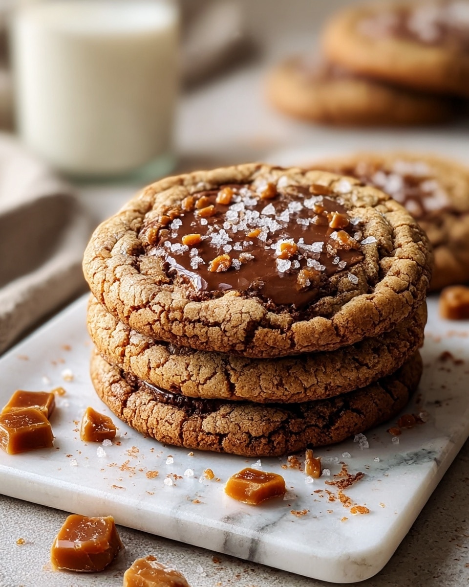 A stack of three large round cookies with cracked, golden-brown edges sits on a white marbled rectangular plate. The top cookie features a glossy, melted chocolate center sprinkled generously with coarse salt crystals and small, shiny caramel bits. Around the stack, some caramel pieces are scattered on the plate, enhancing the rustic, homemade look. The background is softly blurred, showing another stacked cookie and a glass of milk, all placed on a white marbled surface. photo taken with an iphone --ar 4:5 --v 7