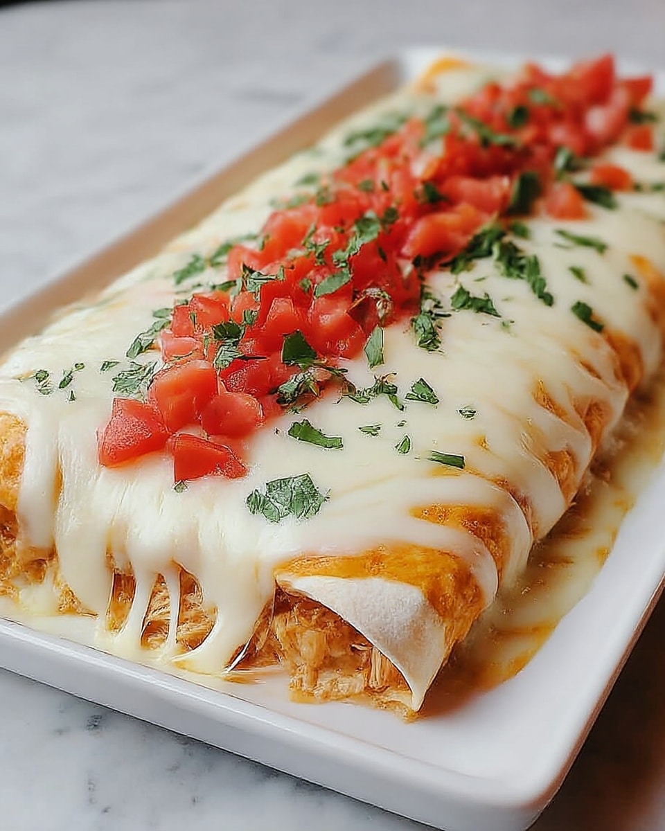 A large enchilada sits on a white rectangular dish, layered with a soft, golden-brown tortilla that wraps around a filling of tender, cooked chicken pieces in a light orange sauce. The top layer is covered in melted, creamy white cheese that drapes over the edges, with strings of cheese stretching where a piece has been taken. On top of the cheese, there is a bright red layer of finely chopped fresh tomatoes and sprinkled green cilantro leaves. The dish rests on a white marbled surface, highlighting the rich colors and textures of the enchilada. photo taken with an iphone --ar 4:5 --v 7