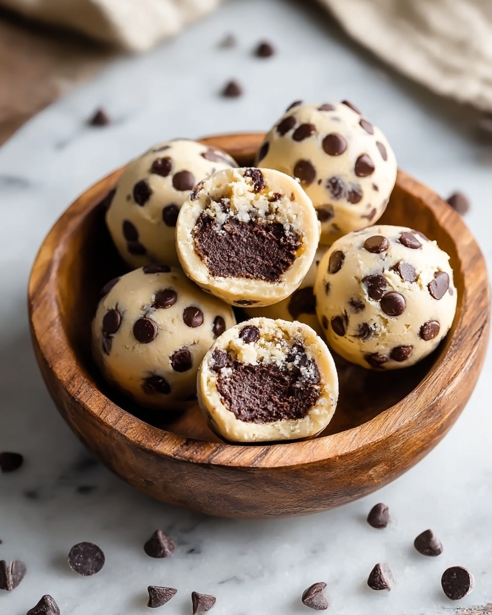 A wooden bowl holds five round cookie dough balls studded with dark chocolate chips; one ball is broken open, showing a dense, dark chocolate center surrounded by a thick, light beige dough layer with chocolate chips scattered throughout. The whole setting rests on a white marbled surface with a few chocolate chips scattered around, giving a cozy and inviting look. photo taken with an iphone --ar 4:5 --v 7