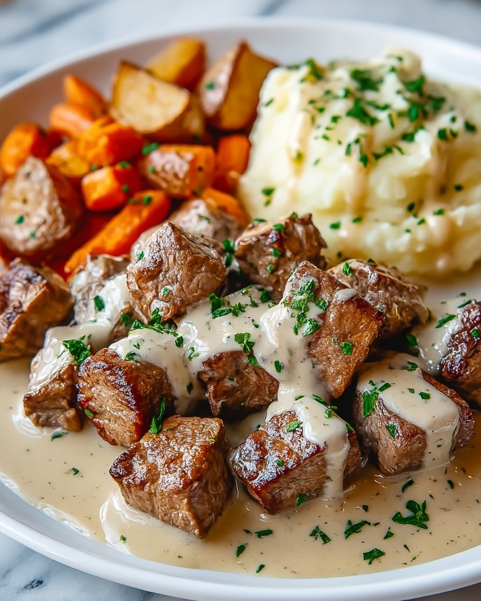 The dish shows a white plate filled with bite-sized, browned pieces of steak covered with a thick creamy beige sauce topped with chopped green herbs. The steak pieces are arranged closely in the center, giving a juicy and grilled texture appearance. Behind the steak, there are three layers of sides: golden roasted carrot chunks with a glossy finish, slightly browned roasted potato wedges, and a smooth creamy mound of mashed potatoes drizzled with the same beige sauce and sprinkled with green herbs. The plate sits on a white marbled surface, highlighting the vibrant colors of the food. photo taken with an iphone --ar 4:5 --v 7