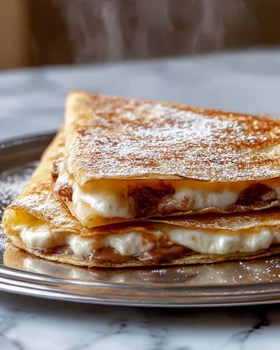 A close-up image of a folded golden-brown crepe with two visible layers, filled with melted white cream and light brown chocolate spread oozing slightly at the edges. The top crepe layer shows a crispy, textured surface with light dusting of white powdered sugar. The crepe sits on a shiny silver tray placed on a white marbled surface, with steam rising softly in the background, hinting it is freshly made. Photo taken with an iphone --ar 4:5 --v 7