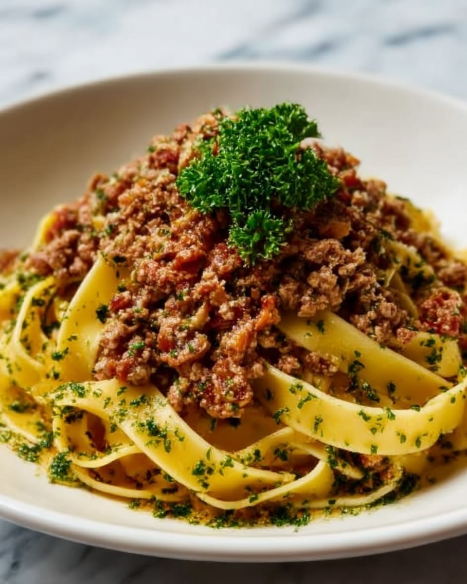 The image shows a plate of pasta with three main layers. The bottom layer is wide, flat noodles in a light yellow color with a smooth texture. The middle layer is chopped green herbs sprinkled evenly over the pasta. The top layer consists of finely crumbled cooked ground meat mixed with small bits of tomato, giving it a brown and red color with a slightly chunky texture. In the center, there is a small bunch of curly green parsley. The dish is served on a white plate set on a white marbled surface. Photo taken with an iphone --ar 4:5 --v 7