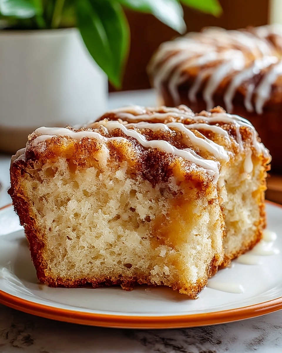 A close-up view of a sliced cinnamon coffee cake on a white plate with a thin orange rim, placed on a white marbled texture surface. The cake has one main layer of soft, light beige crumb with a moist, fluffy texture. The edges are golden brown and slightly crisp. On top, a layer of cinnamon sugar swirls in dark brown highlights adds a crunchy texture. White glaze drizzle covers the surface unevenly, creating thin glossy lines that contrast with the warm cake tones. The background is softly blurred, showing a white pot with green leaves. photo taken with an iphone --ar 4:5 --v 7