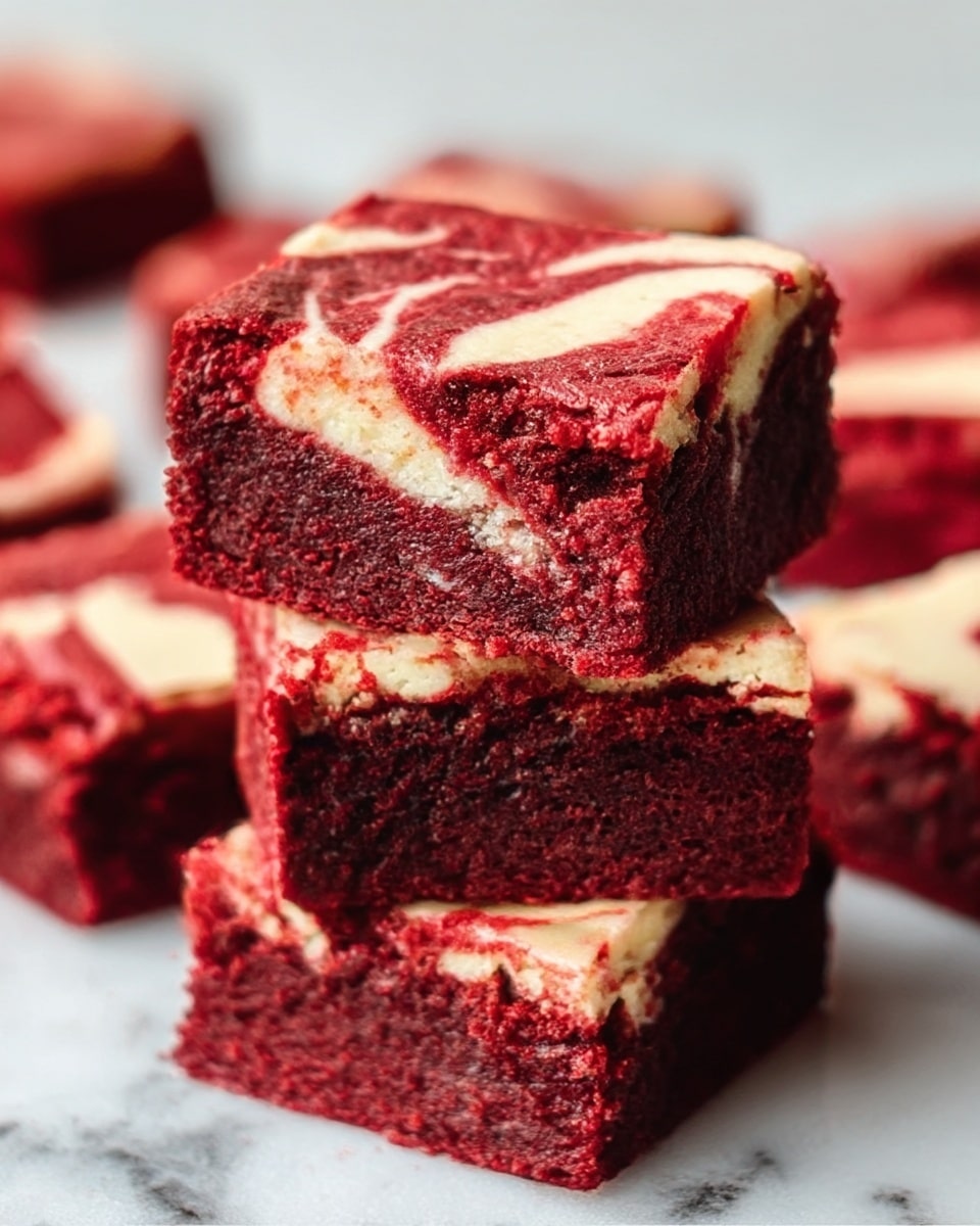 A stack of three red velvet brownies with a creamy white swirl on top is shown close up. Each brownie layer is thick and rich red with a soft texture. The white cream swirls inside look smooth and stand out well against the red, making a nice pattern on each piece. The brownies are placed on a white marbled surface, with more brownies slightly blurred in the background. The photo taken with an iphone --ar 4:5 --v 7