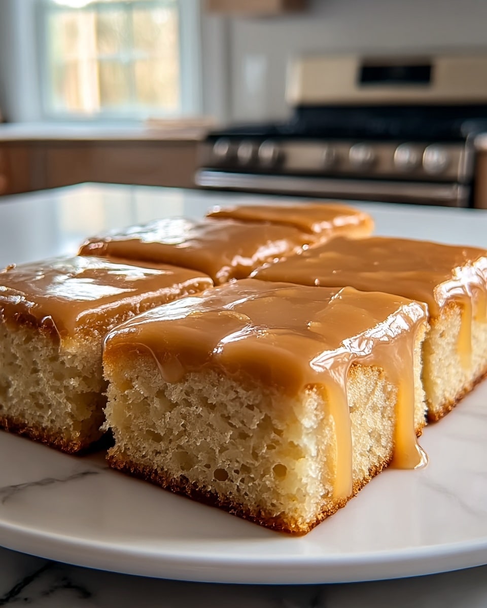 The image shows a close-up of four square pieces of a thick cake topped with a shiny, smooth caramel glaze that drips slightly over the edges. The cake base is golden-brown with a soft crumb texture visible on the sides. The top layer is glossy and smooth with a light brown color, contrasting with the matte, porous cake. The four pieces are neatly cut and placed next to each other on a white plate, which sits on a white marbled surface. The background is softly blurred, with a kitchen stove and window visible in soft focus. photo taken with an iphone --ar 4:5 --v 7
