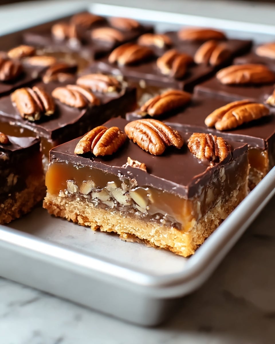 The image shows a close-up of a dessert bar cut into squares and placed in a metal tray. The dessert has three visible layers: the bottom layer is a crumbly golden-brown crust, the middle layer is a glossy caramel or toffee with visible nut pieces, and the top layer is a smooth, shiny dark chocolate layer adorned with whole pecans evenly placed on top. The texture contrasts between crunchy nuts, soft caramel, and firm chocolate are clear. The tray is set on a white marbled surface. photo taken with an iphone --ar 4:5 --v 7