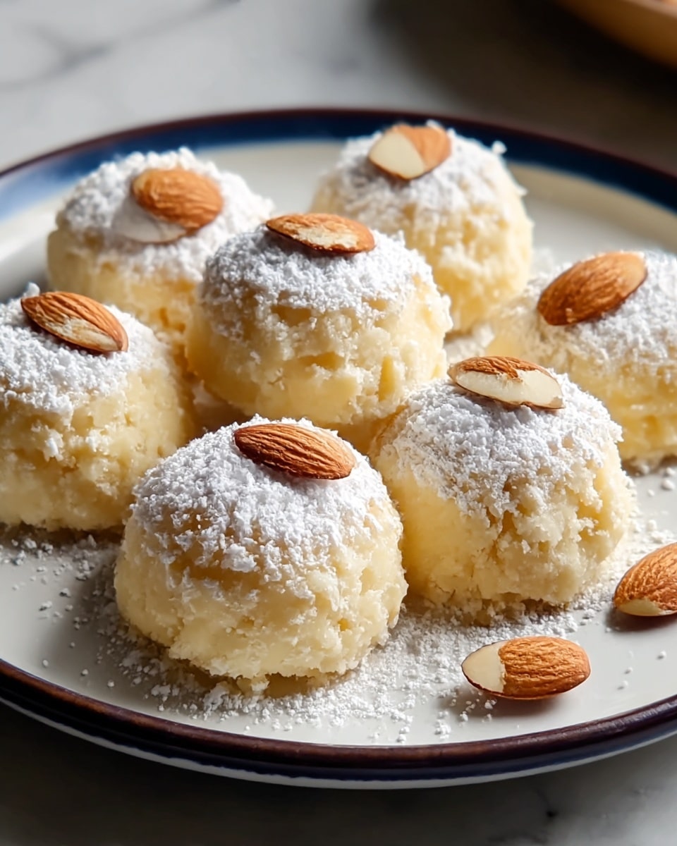 Seven round, pale yellow, soft textured sweets sit on a white plate with a thin dark rim, each topped with a white powdered sugar layer and a single whole almond with a slice of almond on the side. The sweets are slightly crumbly and moist in look, arranged closely together, with some powdered sugar and almond slices scattered around the plate. The background shows a white marbled texture. The lighting highlights the texture and powdered sugar on the sweets. photo taken with an iphone --ar 4:5 --v 7