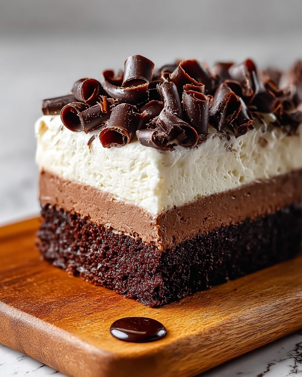 A rich, three-layer chocolate dessert slice sits on a wooden board with a white marbled texture background. The bottom layer is a dense, dark chocolate cake with a moist and crumbly texture. Above this is a thick, smooth milk chocolate mousse layer, which looks creamy and soft. The top layer is a thick, fluffy white cream topped with numerous curled dark chocolate shavings that are shiny and slightly curved. A small drop of glossy chocolate sauce is seen on the wooden board near the dessert. Photo taken with an iphone --ar 4:5 --v 7
