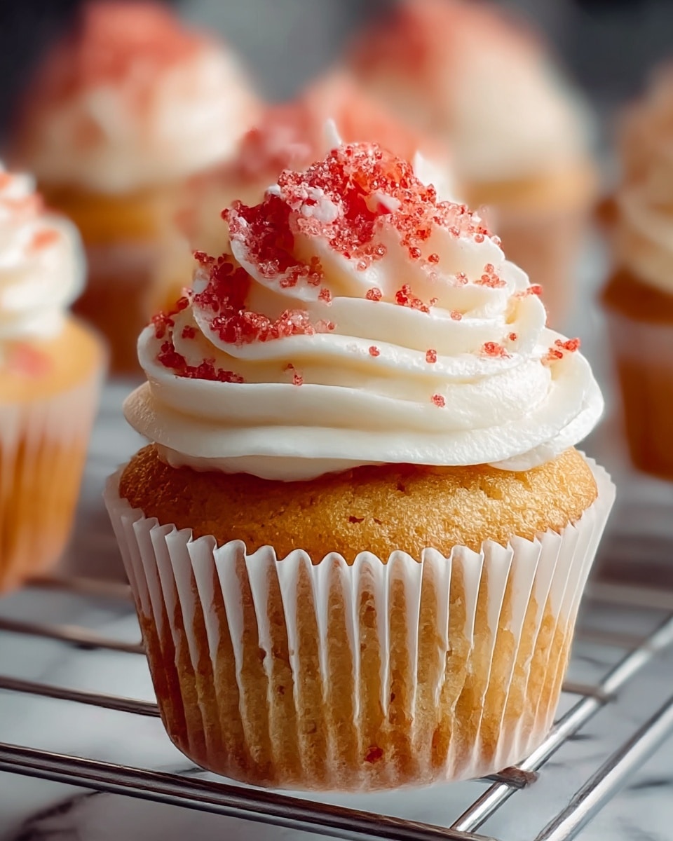 A close-up image shows a golden brown cupcake in a white paper liner with three visible layers: the bottom layer is the baked cake with a soft, slightly textured surface; the middle layer is a thick swirl of smooth white frosting, piping upwards in a spiral shape; the top layer is sprinkled with small red sugar crystals, adding a rough texture and vibrant color contrast to the white frosting. The cupcake is placed on a metal rack with a blurred background, resting on a white marbled surface. photo taken with an iphone --ar 4:5 --v 7