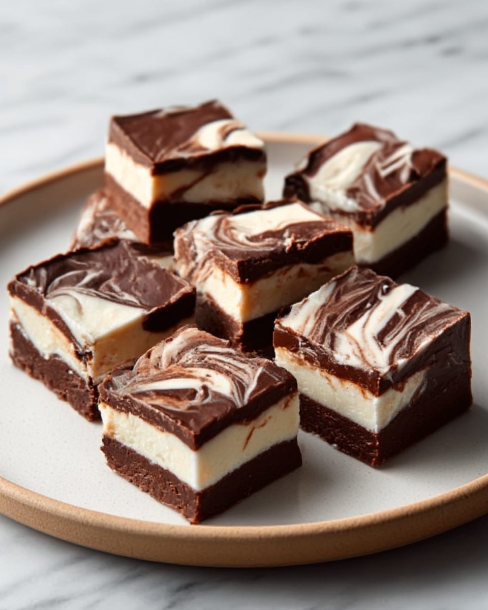 The image shows five square pieces of layered fudge on a white plate, placed on a white marbled surface. Each piece has two visible layers: a thick dark brown chocolate layer on top and bottom with a swirled mix of white and dark chocolate in the middle, creating a marbled effect. Several pieces have clean edges, and the textures look smooth and creamy with a slight shine from the chocolate. The plate is round and neatly arranged with pieces spaced evenly. photo taken with an iphone --ar 4:5 --v 7