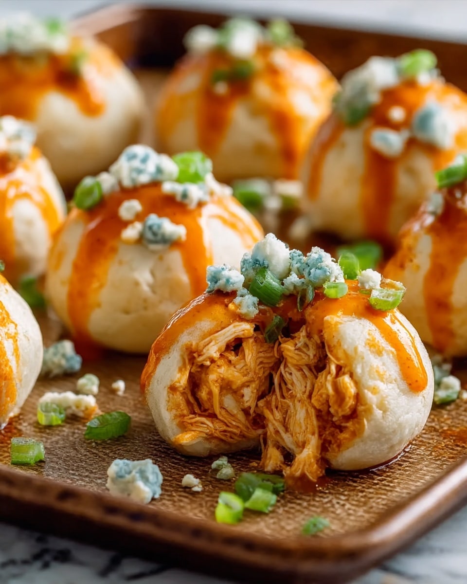 The image shows small round dough balls with a soft white outer layer, each stuffed with shredded orange chicken inside. On top of each ball is a thick layer of bright orange sauce, drizzled slightly down the sides. The top is sprinkled with small blue cheese crumbles and finely chopped green onions, giving a mix of white, blue, and green colors over the orange. The balls rest closely together on a textured brown baking tray, set on a white marbled surface. One dough ball in the front is cut open, revealing the tender chicken inside, while the rest remain whole with the same toppings scattered around. Photo taken with an iphone --ar 4:5 --v 7