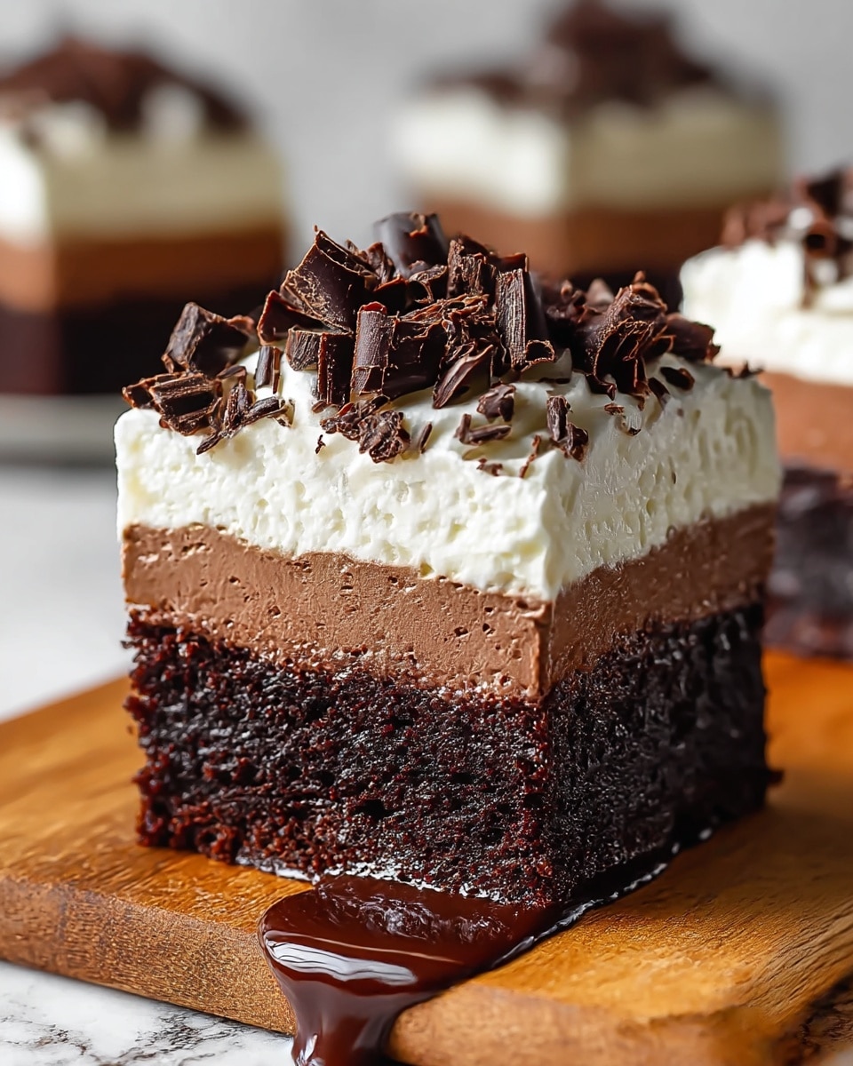A close-up of a three-layer chocolate dessert square on a wooden surface with a drop of melted chocolate in front. The bottom layer is dark, moist chocolate cake with a dense texture. The middle layer consists of creamy chocolate mousse, lighter brown and smooth. The top layer is thick, white whipped cream garnished with chunky, curled dark chocolate shavings. The background shows blurred similar dessert pieces on a white marbled texture. photo taken with an iphone --ar 4:5 --v 7