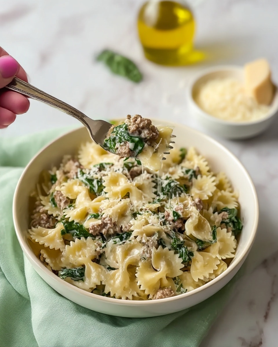 The image shows a white bowl filled with pasta featuring bow-tie shaped noodles as the base layer, off-white in color with a soft texture. Mixed in are pieces of ground meat, brown and crumbly, scattered evenly throughout. Green leafy vegetables, likely spinach, are also mixed in, adding a fresh contrast in color and texture. The dish is coated lightly with a creamy sauce, visible as a glossy layer over the ingredients. A silver fork is lifting a portion of the pasta, meat, and greens from the bowl, held by a woman's hand that appears softly in the frame. The bowl sits on a pale green cloth on a white marbled surface, with a small bowl of grated cheese and an olive oil bottle blurred in the background. photo taken with an iphone --ar 4:5 --v 7