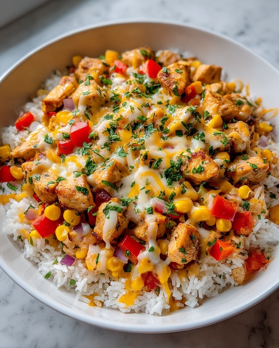 A white bowl filled with cooked white rice as the bottom layer, topped with bite-sized pieces of grilled chicken that have a light brown, seared texture. Mixed on top are colorful diced vegetables including red bell peppers, yellow corn, and small bits of purple onion. Generous melted cheddar and white cheese is spread unevenly over the chicken and vegetables, creating a gooey, creamy texture with strings of cheese visible. Fresh chopped green herbs are sprinkled evenly on the top, adding a touch of brightness. The bowl is placed on a white marbled surface with soft natural light coming from the side. photo taken with an iphone --ar 4:5 --v 7