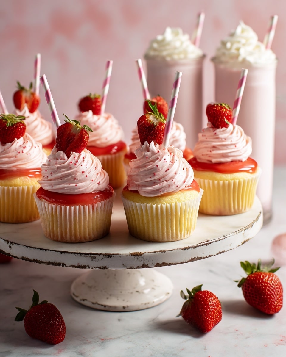 The image shows eight vanilla cupcakes arranged on a slightly worn, white cake stand with a round top. Each cupcake has a base layer of golden yellow cake, topped with a smooth, shiny red glaze. On top of the glaze is a thick swirl of light pink frosting that looks creamy and soft, with visible tiny dots giving it a textured look. Each frosting swirl is decorated with a half strawberry placed upright and a pink-and-white striped paper straw sticking out at an angle. In the background, there are two tall white glasses filled with light pink milkshakes topped with fluffy white whipped cream. Two whole strawberries lie on the white marbled surface beside the cake stand. The colors are mainly shades of pink, red, white, and soft yellow. Photo taken with an iphone --ar 4:5 --v 7
