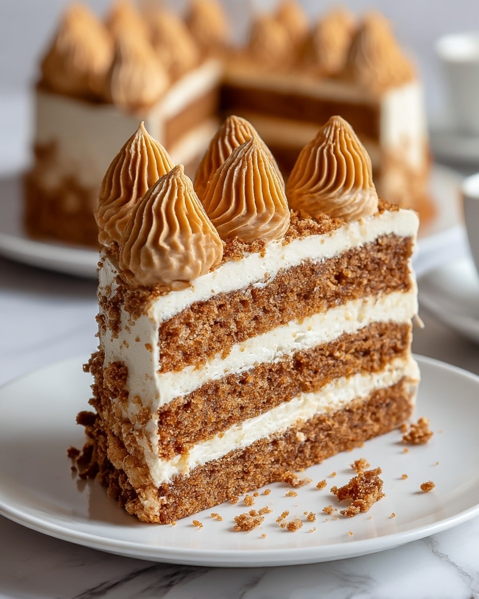 A slice of layered cake on a white plate sits on a white marbled surface, showing three layers of brown crumbly cake separated by two thick layers of smooth white frosting. The top is decorated with eight dollops of light caramel-colored frosting, each with a ridged texture, sprinkled with brown crumbs. Some crumbs also stick to the sides and fall onto the plate around the slice. In the background, the rest of the cake is slightly blurred. Photo taken with an iphone --ar 4:5 --v 7