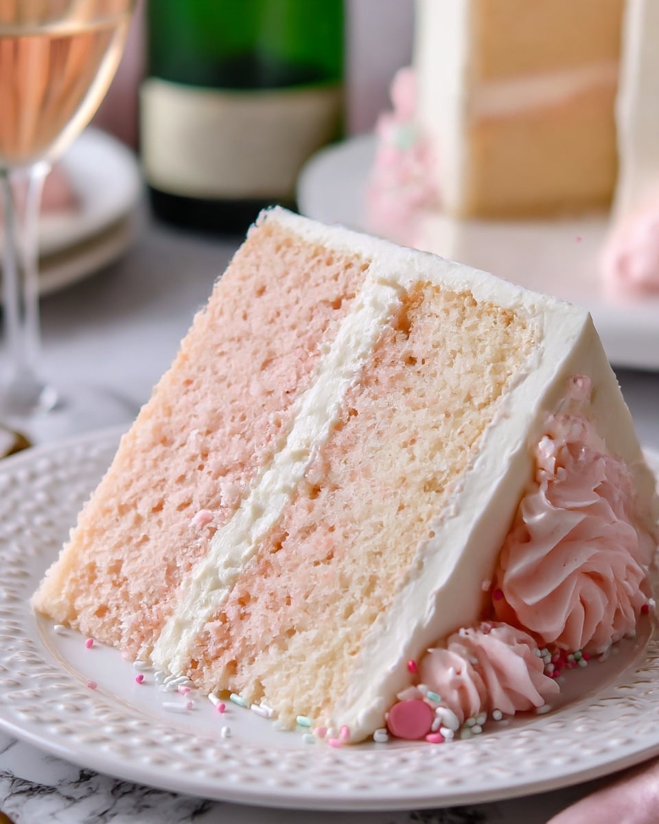 A close-up of a three-layer pale pink cake slice on a white plate with a delicate raised pattern around the edge, showing soft and moist textured cake layers separated by smooth white cream frosting. The cake is coated with the same white frosting on top and sides, with decorative swirls and small sprinkles in white and pink around the base of the slice. The background is softly blurred and includes a green bottle and more desserts. The surface beneath the plate has a white marbled texture. Photo taken with an iphone --ar 4:5 --v 7