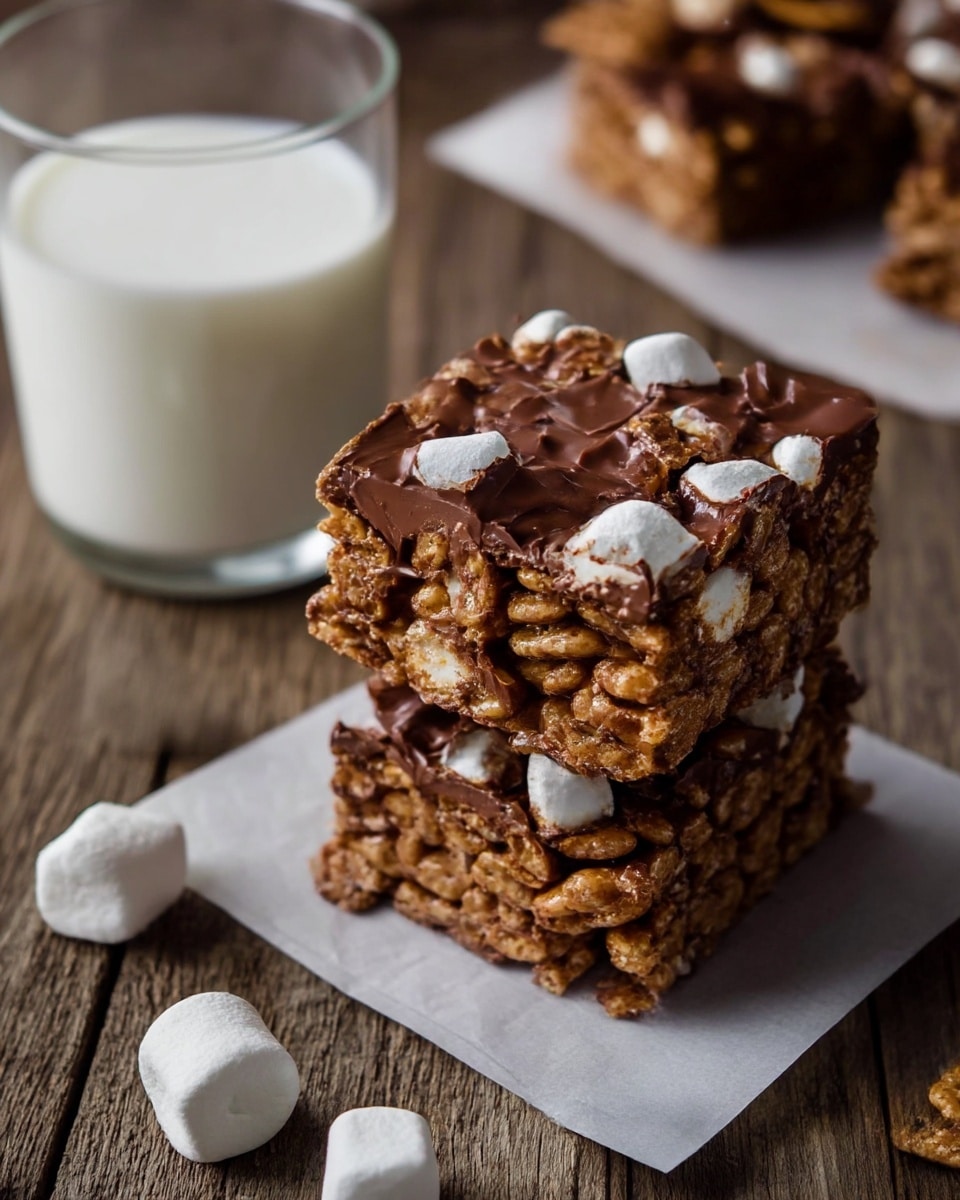 A stack of two thick, square-shaped dessert bars is shown, each bar consisting of visible layers of crunchy brown cereal pieces coated unevenly with a glossy layer of melted chocolate, with small white marshmallows scattered throughout the top layer. The bars are set on a square piece of white parchment paper on a rustic wooden surface. Beside the stack, there are a few extra marshmallows and cereal pieces scattered loosely. In the background, a clear glass filled with white milk is visible, sitting on the wooden surface. The setting is simple with warm tones and natural light. photo taken with an iphone --ar 4:5 --v 7