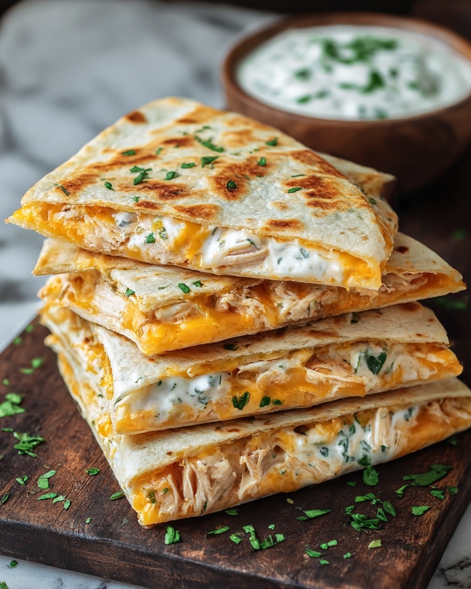 A stack of six golden-brown quesadilla triangles rests on a dark wooden board with bits of green herbs sprinkled on top and around the board. Each quesadilla piece shows three layers: the top and bottom layers are toasted tortillas with a slightly crisp texture and light brown spots, while the middle layer features a mix of melted orange cheddar cheese, shredded white chicken, and a white creamy sauce dotted with green herbs. In the background, there is a bowl filled with a white creamy sauce garnished with green herbs, all set against a white marbled texture. photo taken with an iphone --ar 4:5 --v 7