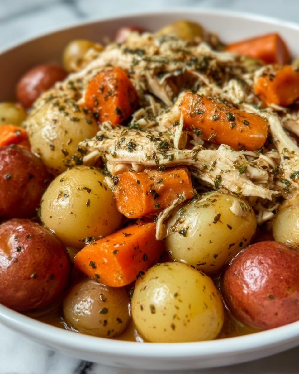 The image shows a close-up of a cooked dish with several layers: on the bottom are red and yellow small potatoes, smooth and round with a boiled texture; scattered among the potatoes are large carrot pieces cut into chunks, bright orange and soft-looking; on top of these vegetables lies shredded chicken, light brown with visible herbs and seasoning sprinkled all over, adding green and black specks; the food fills a white bowl placed on a white marbled surface. Photo taken with an iphone --ar 4:5 --v 7