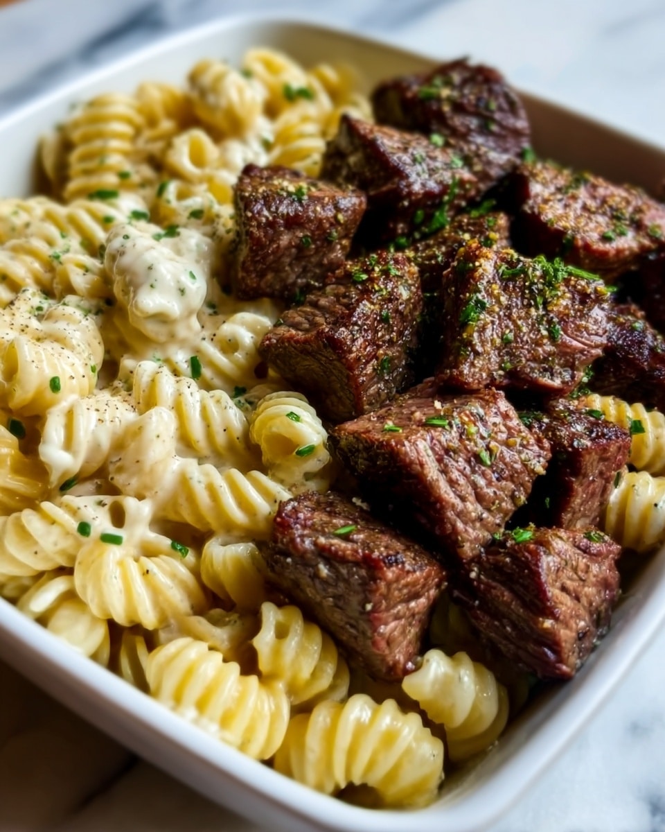 The image shows a close-up of a white square bowl filled with two main layers: on the left side, there is a creamy, light yellow macaroni pasta with spiral shapes, topped with small green herb bits; on the right side, there are dark brown grilled beef cubes with a slightly crispy texture and a sprinkle of green herbs and black pepper on top. The beef pieces are placed closely together, contrasting with the soft, creamy pasta. The bowl is set on a white marbled surface. Photo taken with an iphone --ar 4:5 --v 7