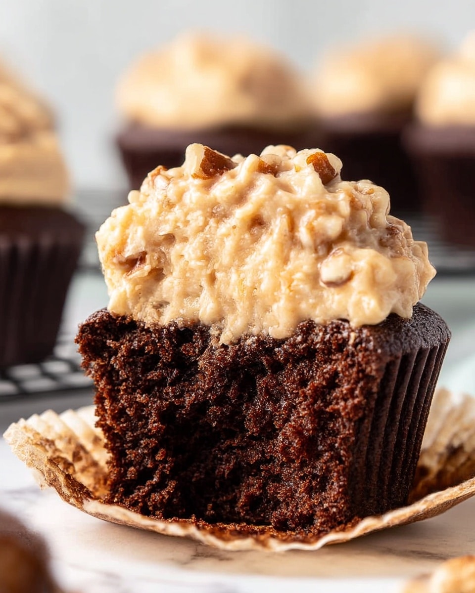 A close-up image of a chocolate cupcake with two layers visible, the bottom layer is dark brown, moist chocolate cake with a soft, crumbly texture, and the top layer is thick, creamy beige frosting mixed with small chopped nuts, having a rough and slightly chunky texture, spread generously on top of the cupcake. The cupcake is missing a bite, showing the inside texture clearly. The cupcake sits on a white marbled surface with a blurred view of similar cupcakes in the background. photo taken with an iphone --ar 4:5 --v 7