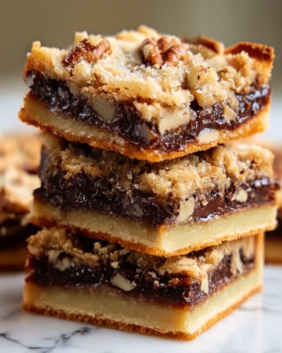 A close-up image of three layered dessert bars stacked on a white marbled surface; the bottom layer is a dense, pale yellow crust with a smooth texture, the middle layer is dark brown gooey and rich, likely filled with nuts and chocolate, topped by a crumble-like light brown layer with small chunks of nuts and a rough texture. The bars have uneven edges and a slightly glossy appearance from the filling, with visible nut pieces on the top. Photo taken with an iphone --ar 4:5 --v 7