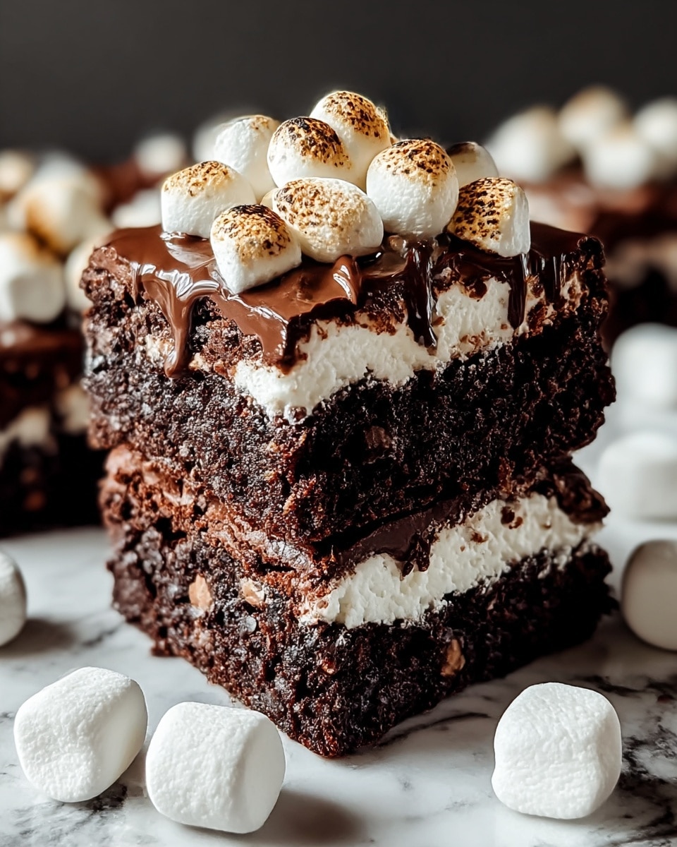 The image shows a three-layered chocolate brownie dessert with a dark, moist, and crumbly texture forming the bottom and middle layers, separated by a smooth, thick white marshmallow layer in the center. On top of the upper brownie layer, there is a glossy, melted chocolate layer with toasted marshmallows scattered over it, some forming a small pile at the peak. Additional white marshmallows are placed around the dessert on a white marbled surface. The overall color contrast highlights the dark brown chocolate and bright white marshmallows, giving a rich and inviting look. Photo taken with an iphone --ar 4:5 --v 7
