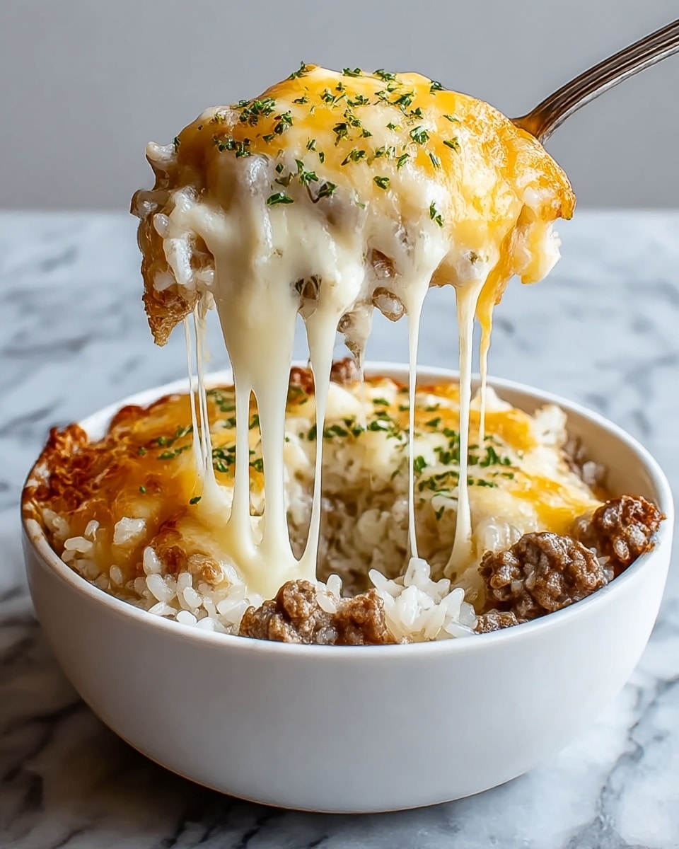 A white bowl filled with a dish that has three layers: the bottom layer is soft cooked white rice mixed with small pieces of browned ground meat, the middle layer is thick white melted cheese stretching as a spoon lifts a portion, and the top layer is golden melted cheese sprinkled with small bits of green herbs. The bowl sits on a white marbled surface, and the dish looks hot and creamy with cheese dripping smoothly from the spoon photo taken with an iphone --ar 4:5 --v 7