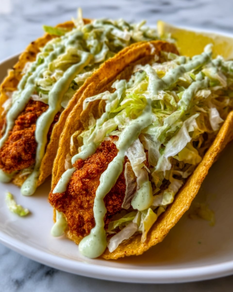 The image shows three tacos on a white plate, each taco filled with a crispy, golden brown fried chicken piece as the base layer. On top of the chicken, there is a layer of thinly shredded, pale green lettuce. The tacos are topped with a light green creamy sauce drizzled evenly across each taco. The taco shells are golden and crunchy, slightly curled and holding the fillings well. The plate is placed on a white marbled surface. Photo taken with an iphone --ar 4:5 --v 7