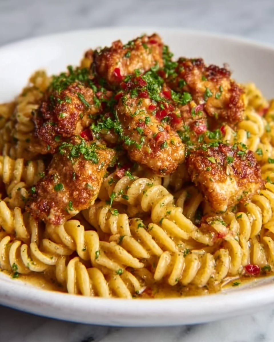 A close-up of a white plate filled with spiral pasta that has a yellowish color and a creamy texture, topped with several golden-brown pieces of fried chicken. The chicken pieces are sprinkled with finely chopped green herbs and small bits of red chili, giving a colorful contrast. The pasta looks coated in a light sauce that adds a slight shine to it. The background is a white marbled surface, making the dish stand out clearly. photo taken with an iphone --ar 4:5 --v 7