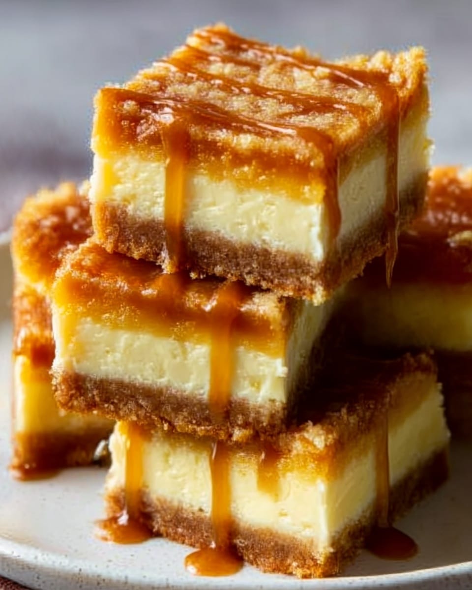 The image shows a stack of square dessert bars with three clear layers: a thick bottom layer of crumbly, golden-brown crust, a middle layer of creamy, pale yellow cheesecake, and a top layer of golden caramel drizzled over crumbly bits. The bars are stacked unevenly on a white marbled surface, highlighting the rich textures and glossy caramel shine. photo taken with an iphone --ar 4:5 --v 7