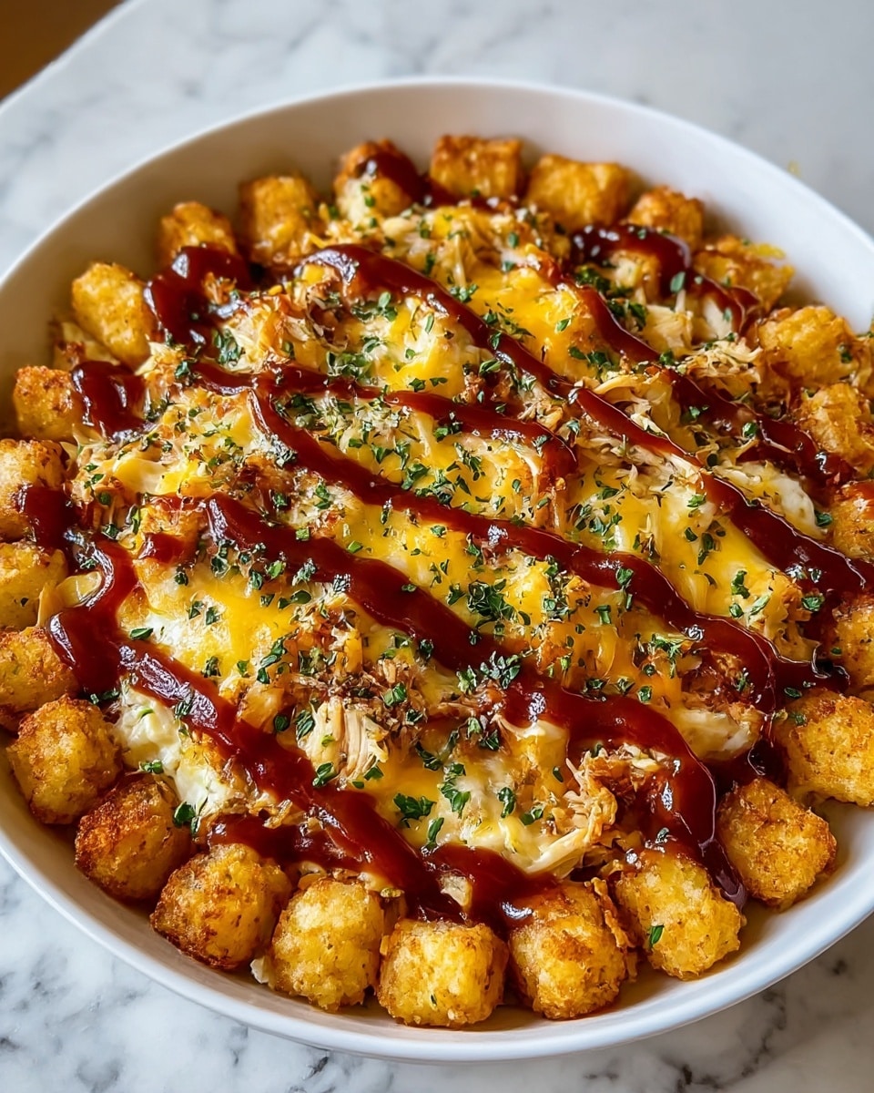 This dish is served in a white bowl placed on a white marbled surface. The bottom layer consists of crispy golden tater tots arranged closely together, creating a textured, bumpy base. Scattered shredded chicken pieces are layered among the tater tots, their light brown and beige tones visible beneath the toppings. Melted cheese in a mix of pale yellow and amber covers the tater tots and chicken, soft and gooey in texture. Swirls of rich, glossy dark brown barbecue sauce are drizzled all over the top, adding a shiny and sticky finish. The dish is garnished with finely chopped green herbs, evenly sprinkled for a fresh contrast. Photo taken with an iphone --ar 4:5 --v 7