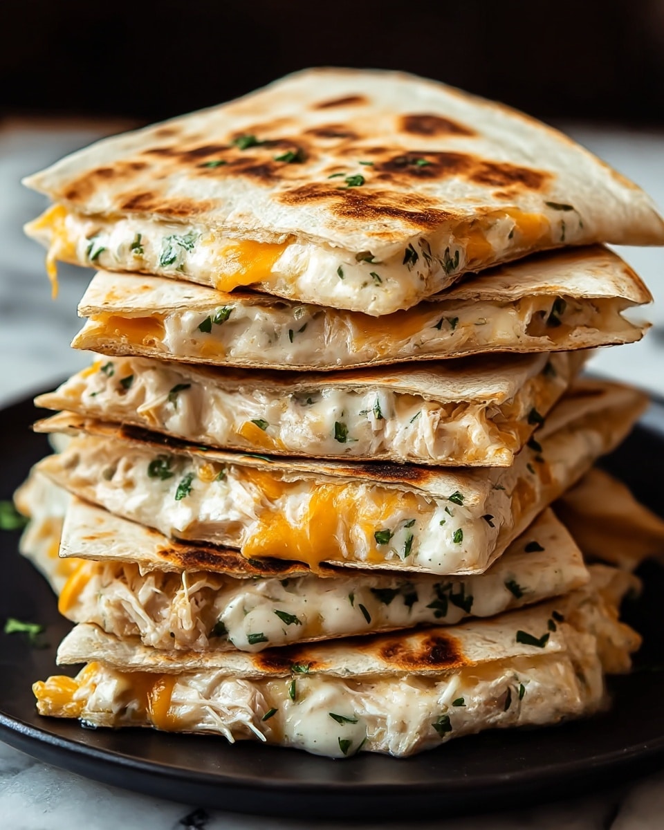 A stack of six crispy golden-brown quesadilla triangles is piled on a black plate placed on a white marbled surface. Each quesadilla triangle has a charred, toasted flour tortilla shell folded over layers of creamy white melted cheese mixed with herbs and pieces of orange melted cheddar cheese, along with white shredded chicken bits inside. The texture of the quesadilla shells shows well-defined grill marks and small flecks of green herbs are visible inside the melted cheese filling. The stack is arranged neatly with the top piece slightly angled, showing the rich, gooey layers inside. photo taken with an iphone --ar 4:5 --v 7