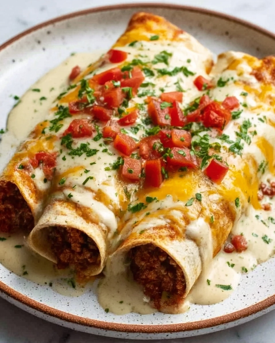 The image shows two stuffed enchiladas on a white plate with a speckled rim, placed on a white marbled surface. The enchiladas are covered in creamy white sauce with melted yellow cheese dripping on top. Red diced tomatoes and chopped green herbs are sprinkled over the sauce, adding bright color. The enchiladas are filled with a mixture of seasoned ground meat visible at the open edges, and the texture of the tortillas is soft and slightly browned. The overall look is rich and inviting, capturing the layers of sauce, cheese, and filling clearly. Photo taken with an iphone --ar 4:5 --v 7