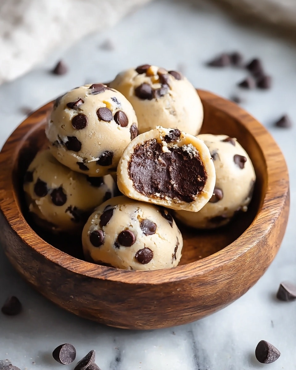 A small wooden bowl holds five round cookie dough balls studded with dark chocolate chips. One cookie dough ball on top is bitten into, showing a dense, rich dark brown inside contrasting with the pale, creamy outer dough that is studded with many shiny chocolate chips. The dough balls have a soft, slightly crumbly texture with smooth surfaces interrupted by the scattered chocolate chips. The bowl sits on a surface that looks like worn wood with scattered chocolate chips around it. photo taken with an iphone --ar 4:5 --v 7