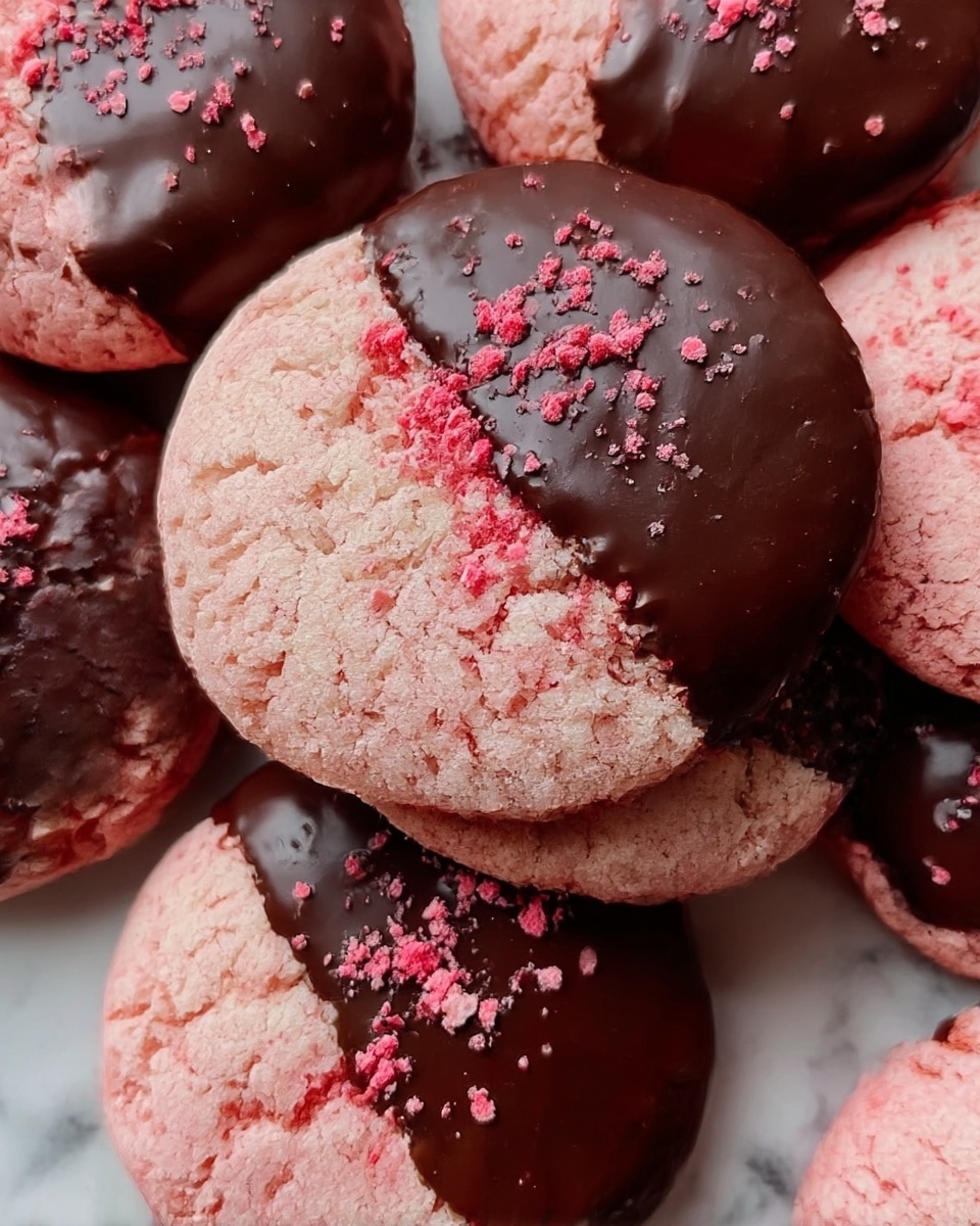 A close-up image of several round cookies. Each cookie has two main layers: the larger layer is pale pink with a rough, cracked texture, covering about half to two-thirds of the cookie. The other half is dipped in dark, glossy chocolate, smooth and shiny, with small pink crumbs sprinkled on top. The cookies are stacked and overlapping each other on a white marbled surface. photo taken with an iphone --ar 4:5 --v 7